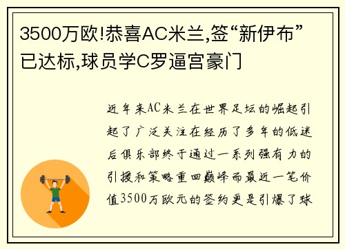 3500万欧!恭喜AC米兰,签“新伊布”已达标,球员学C罗逼宫豪门