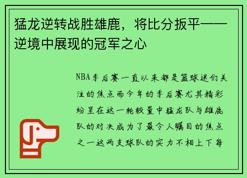 猛龙逆转战胜雄鹿，将比分扳平——逆境中展现的冠军之心