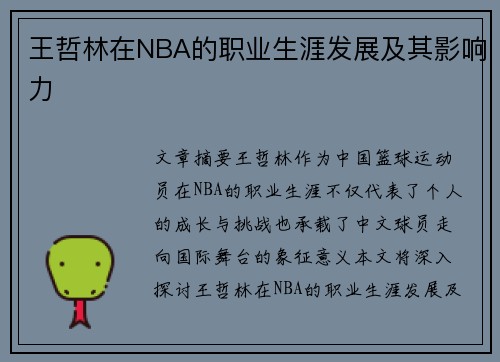 王哲林在NBA的职业生涯发展及其影响力