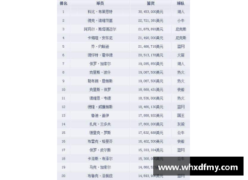 NBA 20赛季球员薪资排名与球队财政影响分析